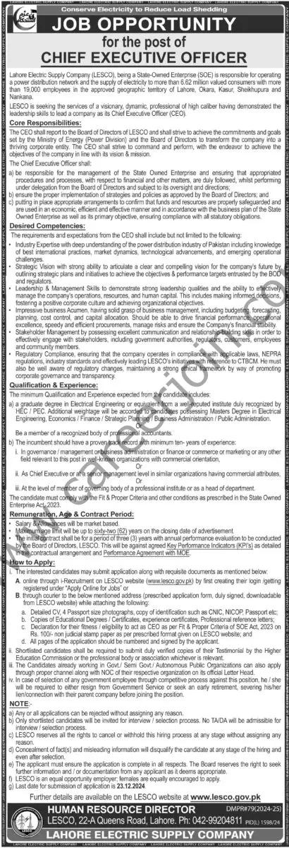 Lahore Electric Supply Co LESCO Jobs Chief Executive Officer 1