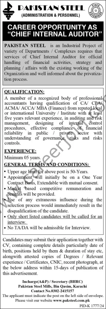 Pakistan Steel  Jobs Chief Internal Auditor   1