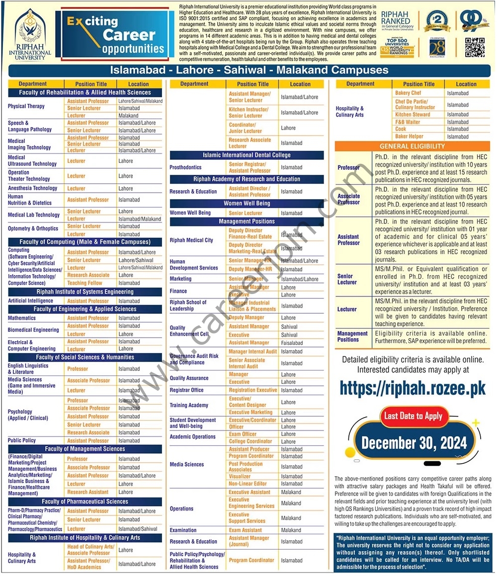 Riphah International University Jobs 15 December 2024 The News 1