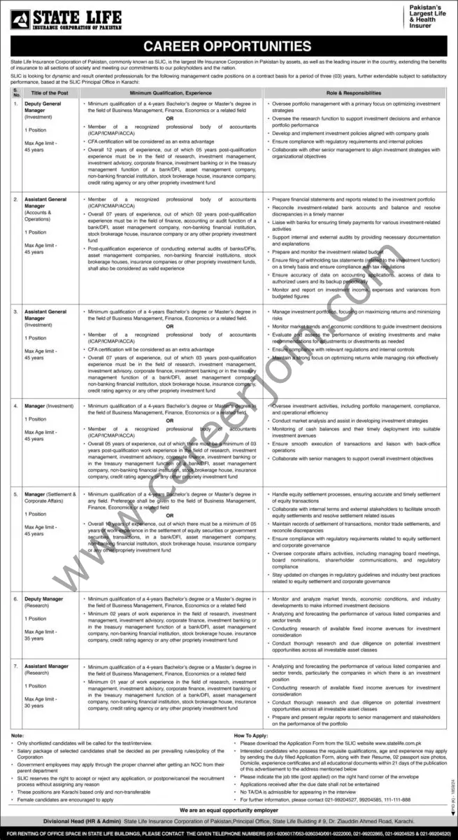 State Life Insurance Corp SLIC Jobs 15 Decemeber 2024 Express 01 1