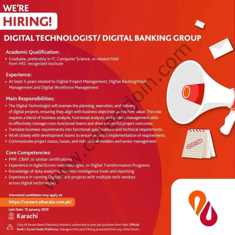 Albaraka Bank Pakistan Limited Jobs Digital Technologist / Digital Banking Groupchnologist / Digital Banking Group 1