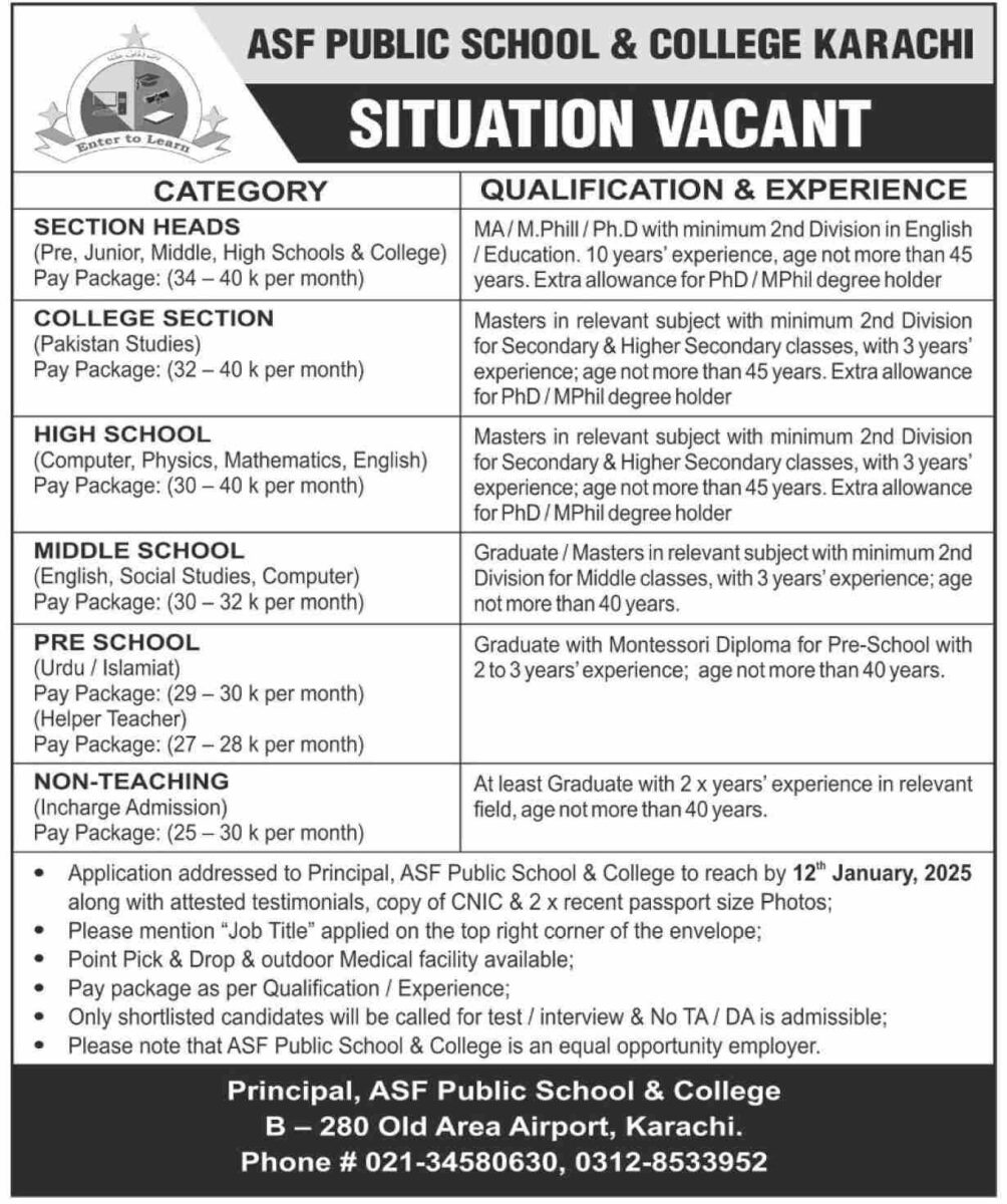 ASF Public School & College Karachi Jobs 05 January 2025 Dawn 1