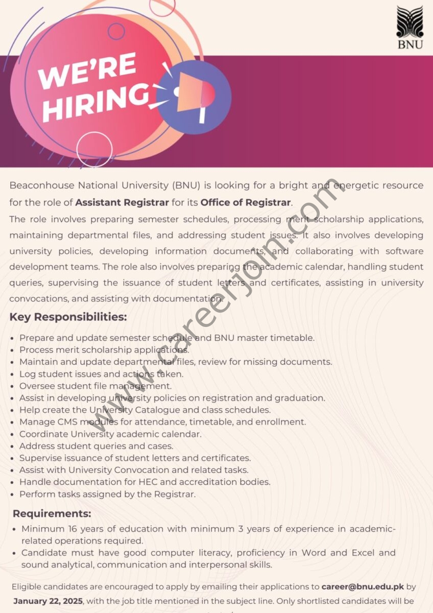 Beaconhouse National University BNU Jobs January 2024 2