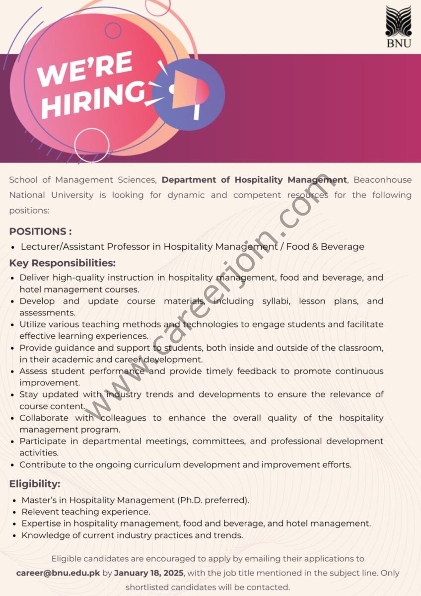 Beaconhouse National University BNU Jobs Lecturer/Assistant Professor 1