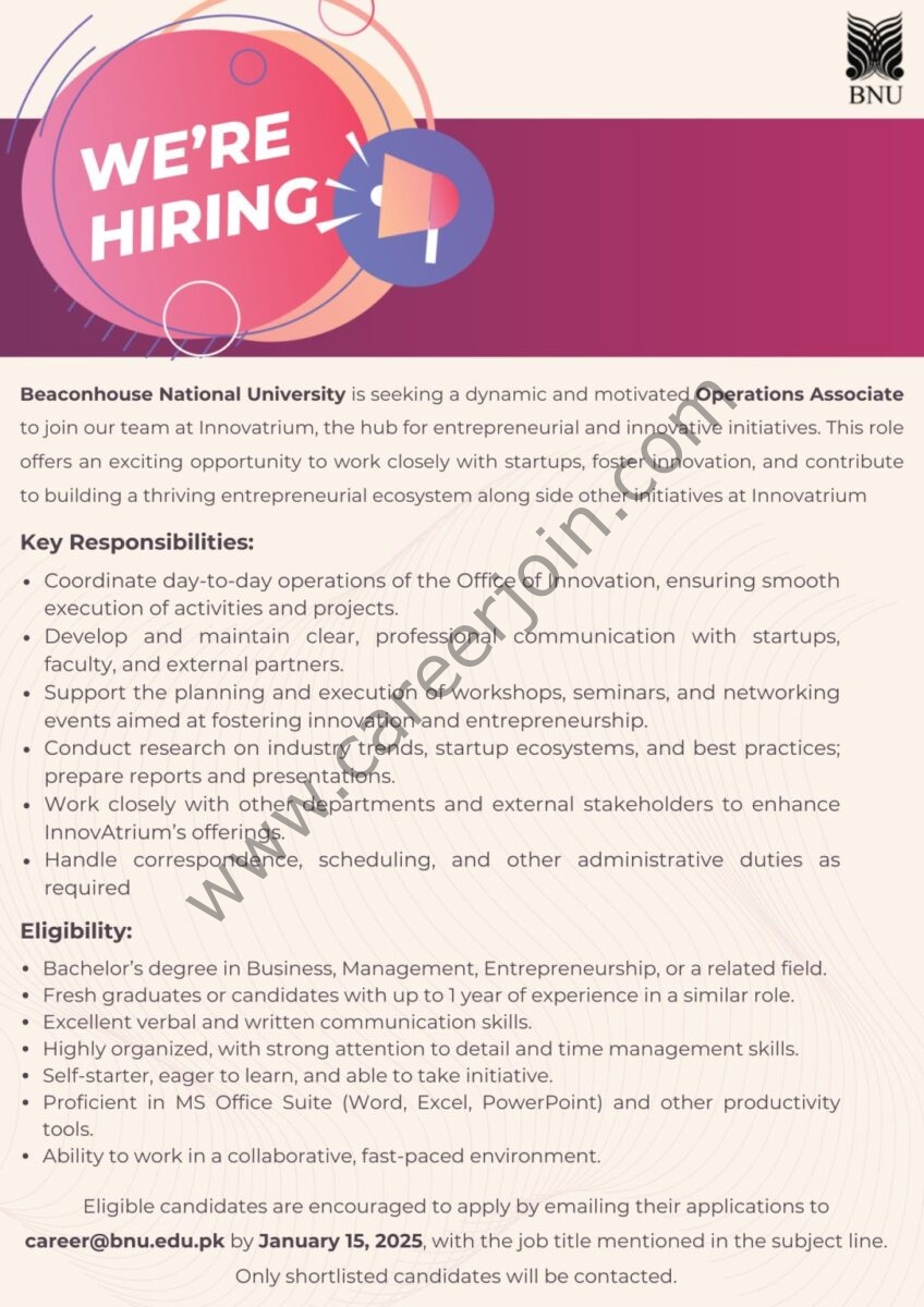 Beaconhouse National University BNU Jobs Operations Associate 1