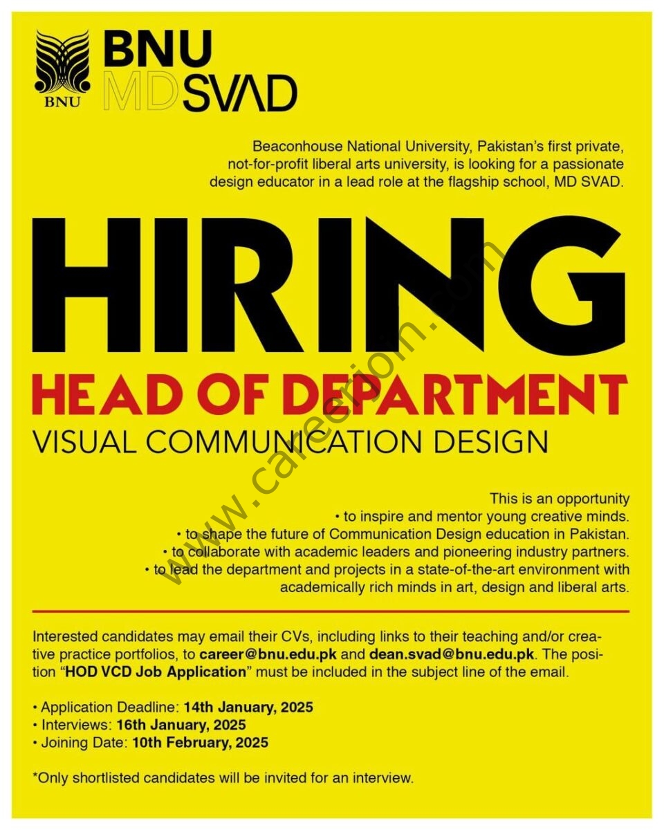 Beaconhouse National University (BNU) Jobs Head of Department Visual Communication Design 1