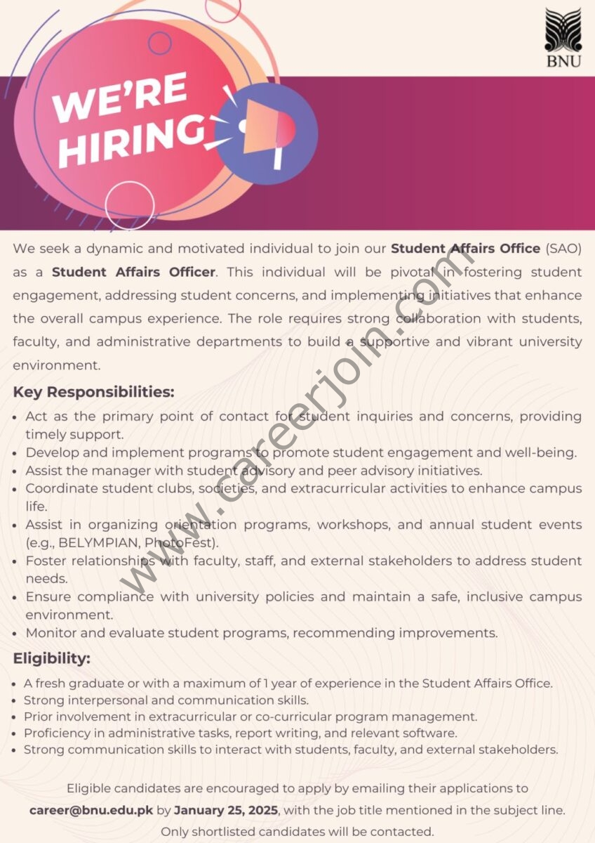 Beaconhouse National University BNU Jobs January 20241