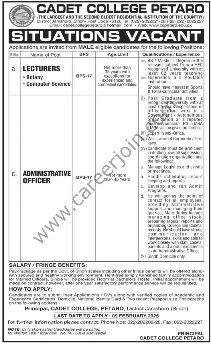 Cadet College Petaro Jobs 19 January 2024 Dawn 1