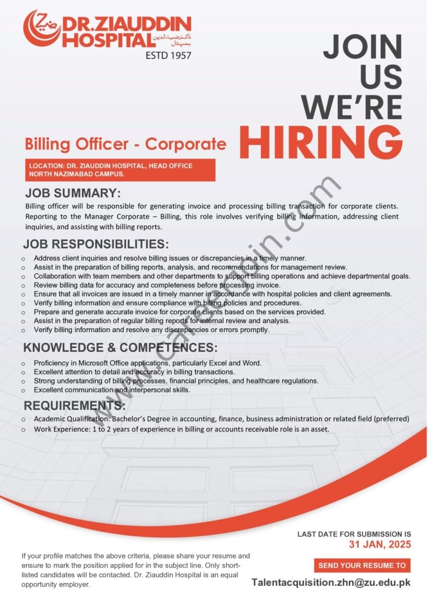 Dr Ziauddin Hospital Jobs Billing Officer Corporate 1