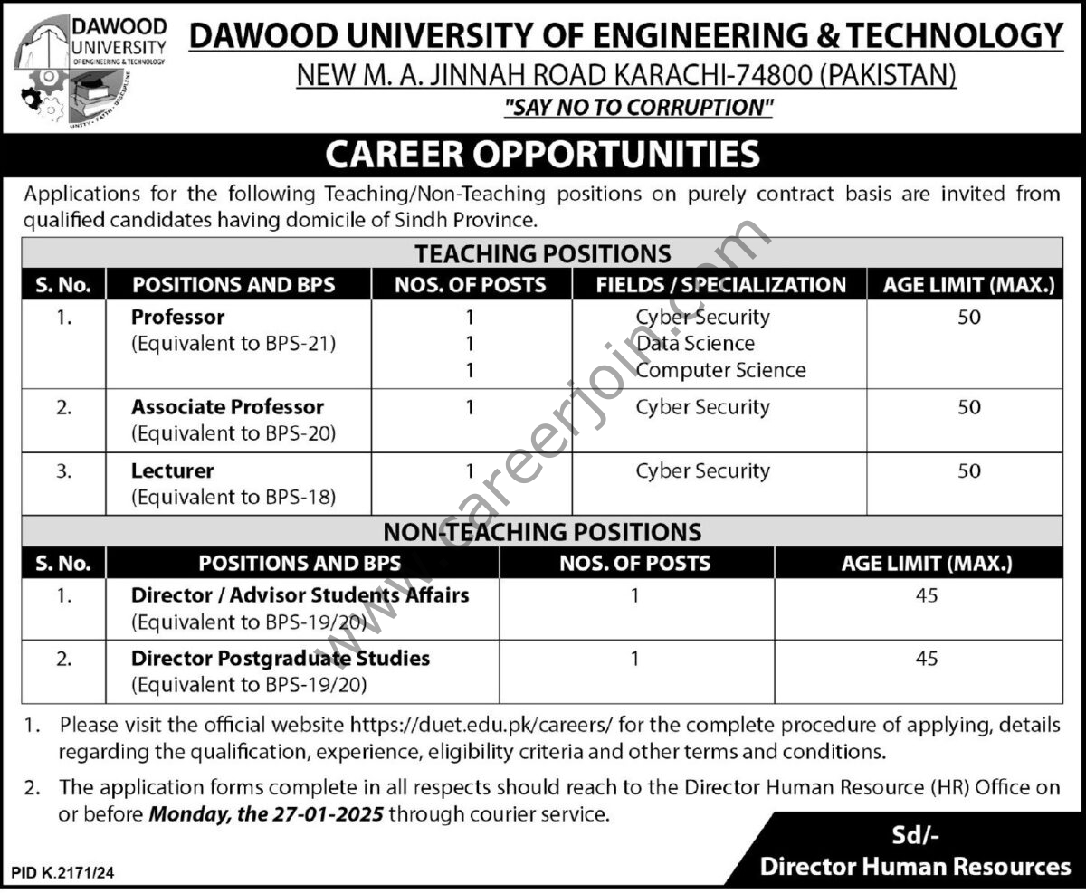 Dawood University of Engineering & Technology Jobs 15 January 2025 Express Tribune 1