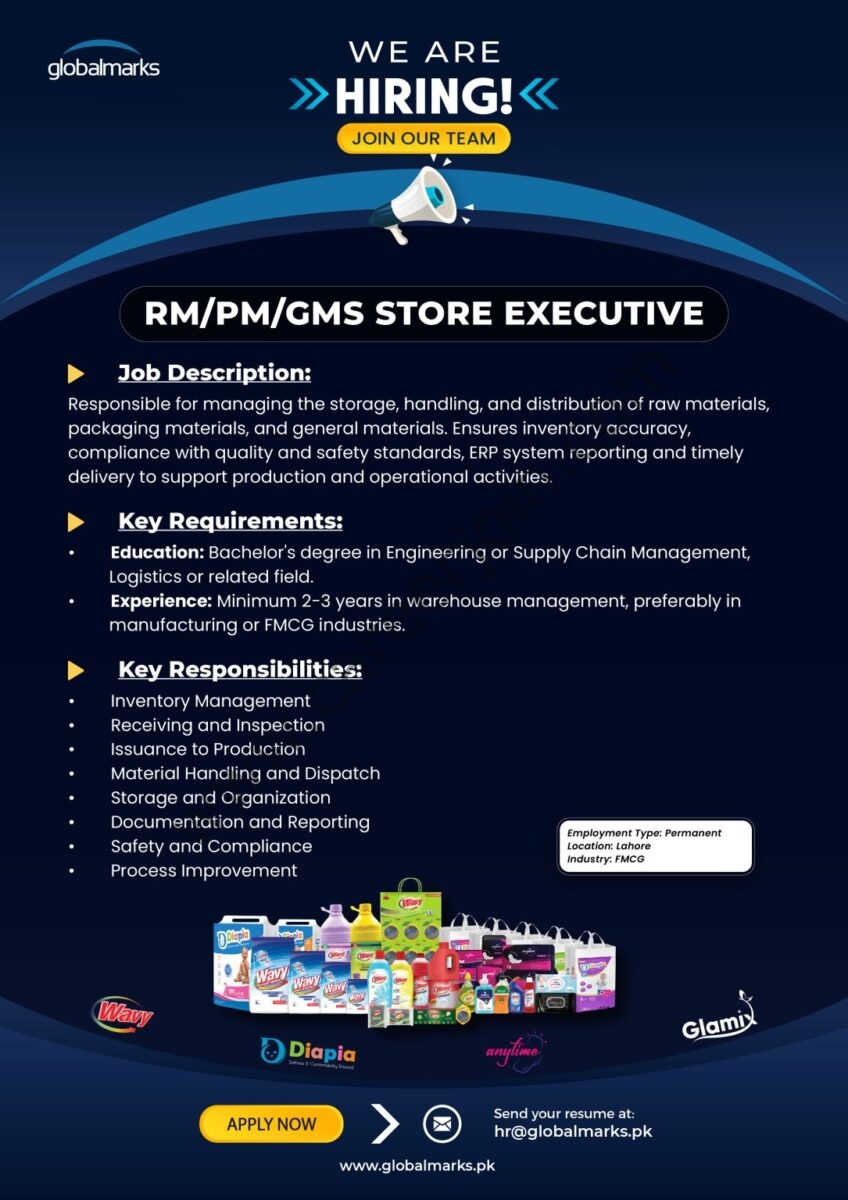 Global Marks Pvt Ltd Jobs RM/PM/GMS Store Executive 1