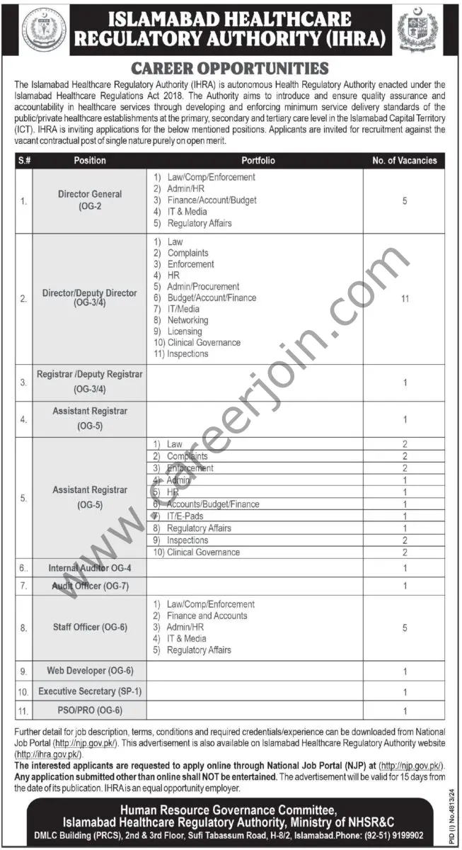 Islamabad Healthcare Regulatory Authority IHRA Jobs 19 January 2024 Express Tribune 1