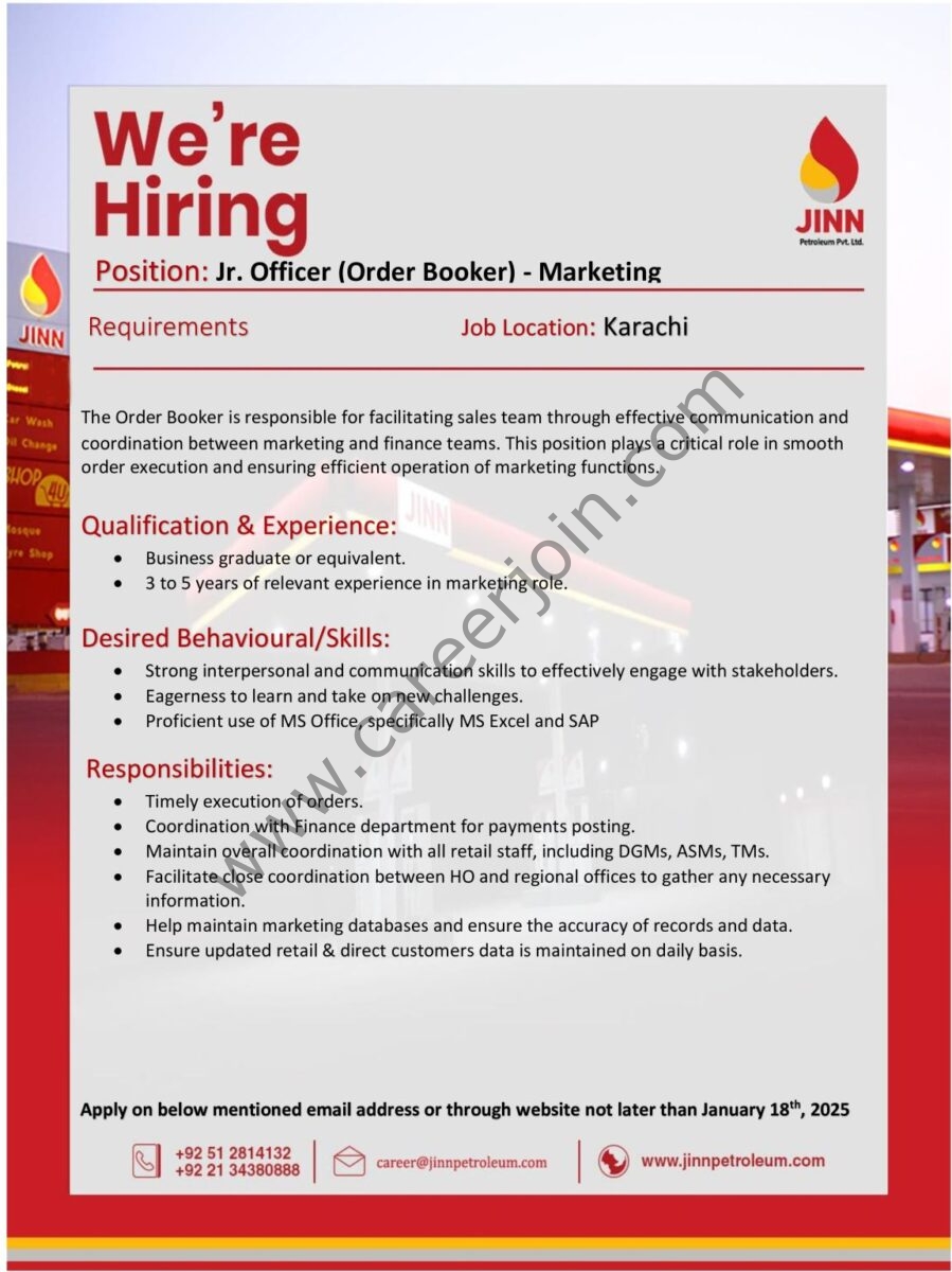 JINN Petroleum Jobs Jr Officer (Order Booker) Marketing 1