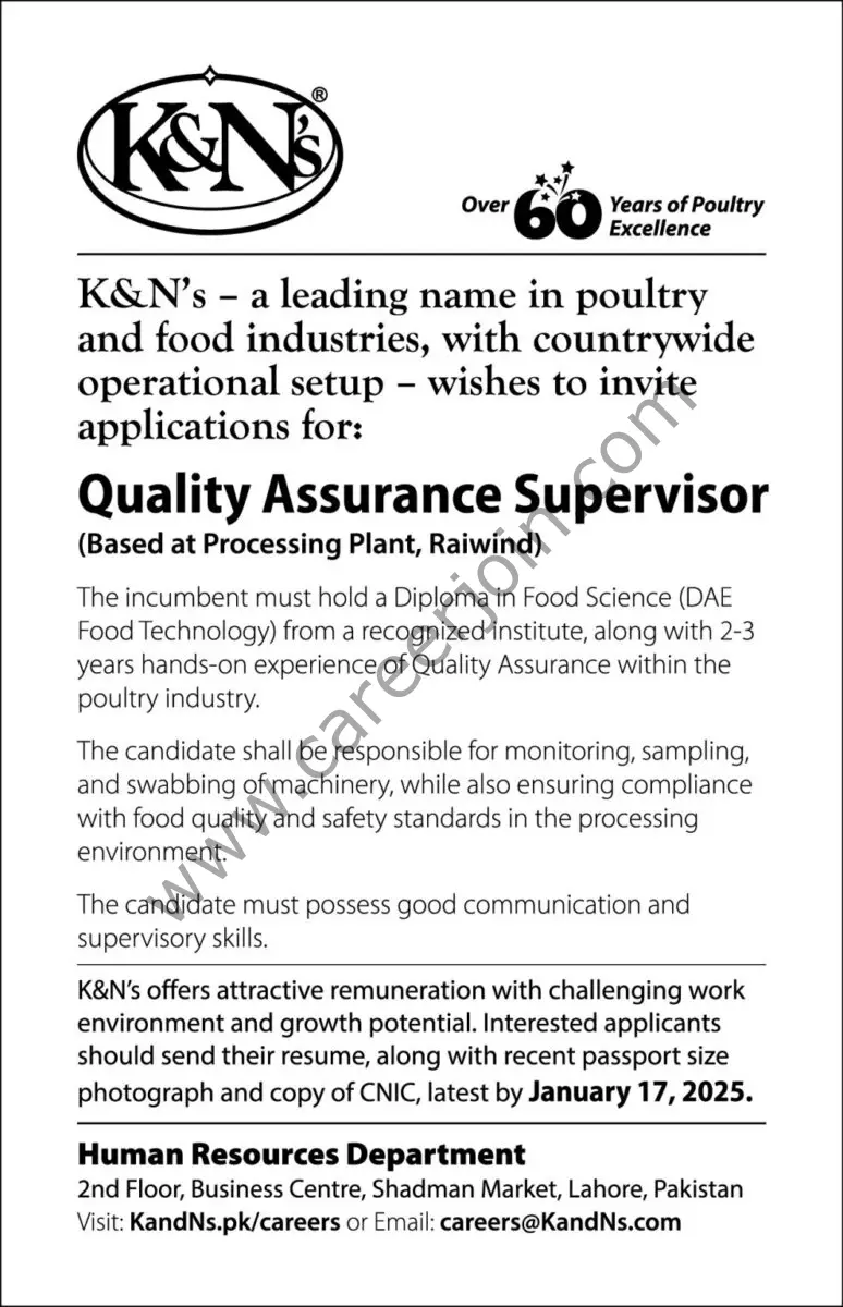 K&N’s Pakistan Jobs Quality Assurance Supervisor 1