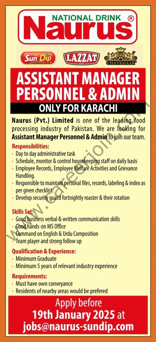 Naurus Pvt Ltd Jobs Assistant Manager Personnel & Admin 1