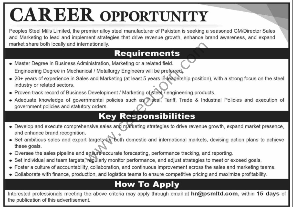 People Steel Mills Ltd PSML Jobs 12 January 2024 Dawn 1