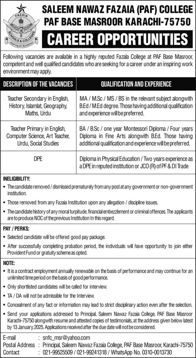 Saleem Nawaz Fazaia PAF College Jobs 05 January 2025 Express 1