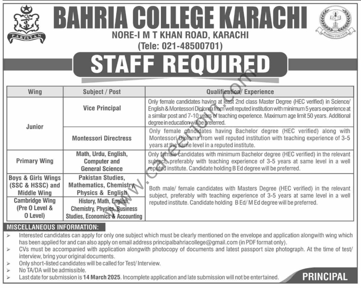 Bahria College Karachi Jobs 23 February 2025 Dawn 1