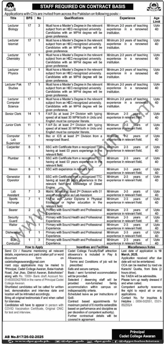 Cadet College Awaran Jobs 27 February 2025 Dawn 1