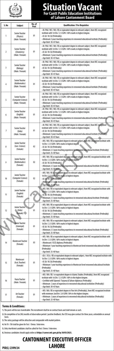 Cantt Public Education Institutions Jobs 26 February 2025 Dawn 1