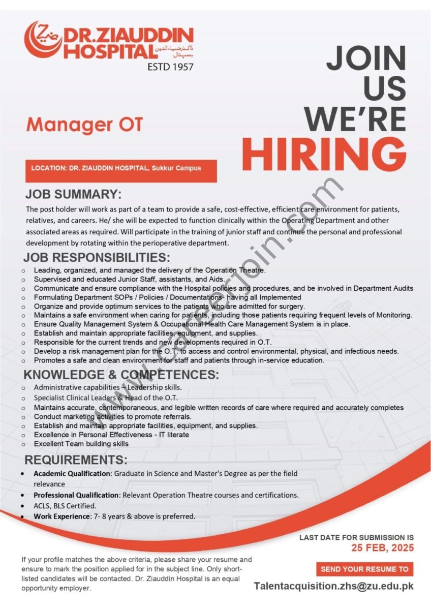 Dr Ziauddin Hospital Jobs Manager OT 1