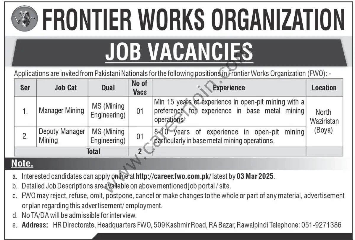 Frontier Works Organization FWO Jobs 16 February 2025 Express Tribune 1