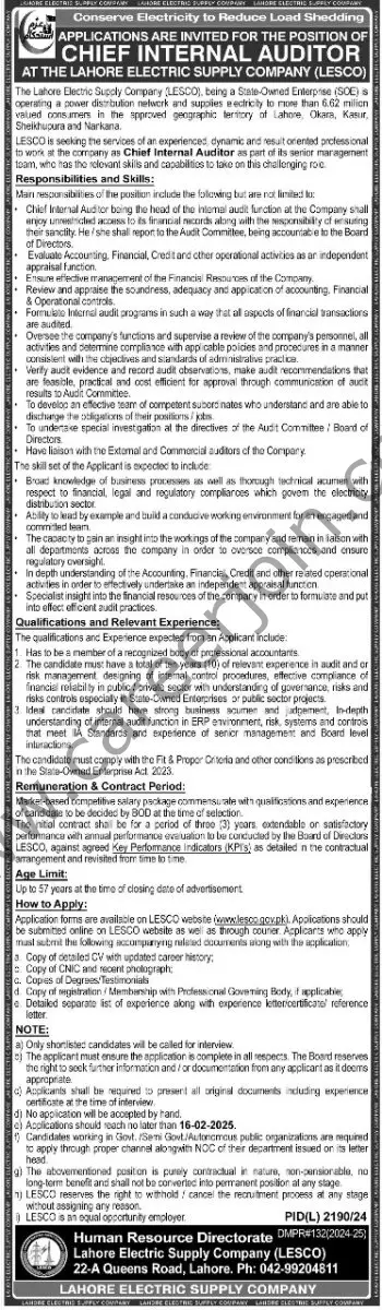 The Lahore Electric Supply Company LESCO Jobs CHief Internal Auditor 1