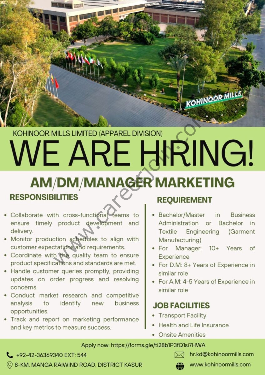 Kohinoor Textile Mills Limited Jobs AM / DM / Manager Marketing 1