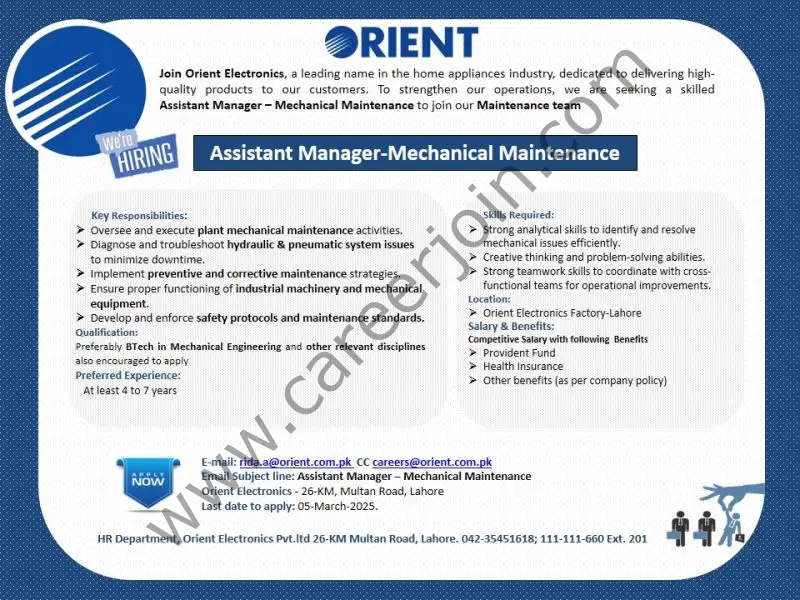 Orient Electronics Jobs Assistant Manager Mechanical Maintenance 1