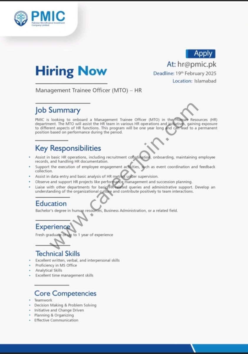 Pakistan Microfinance Investment Company PMIC Jobs MTO HR 1