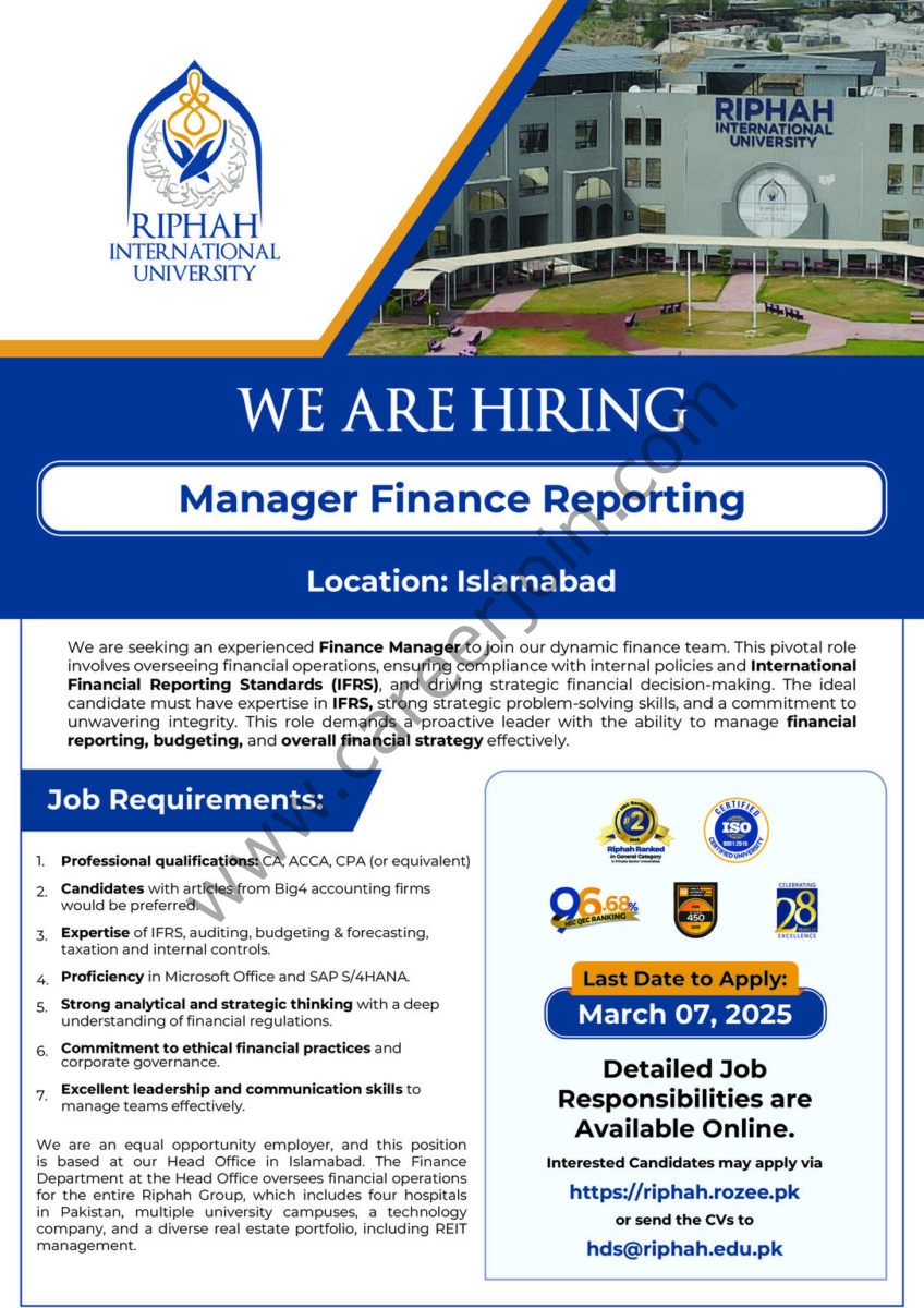 Riphah Group Jobs Manager Finance Reporting 1