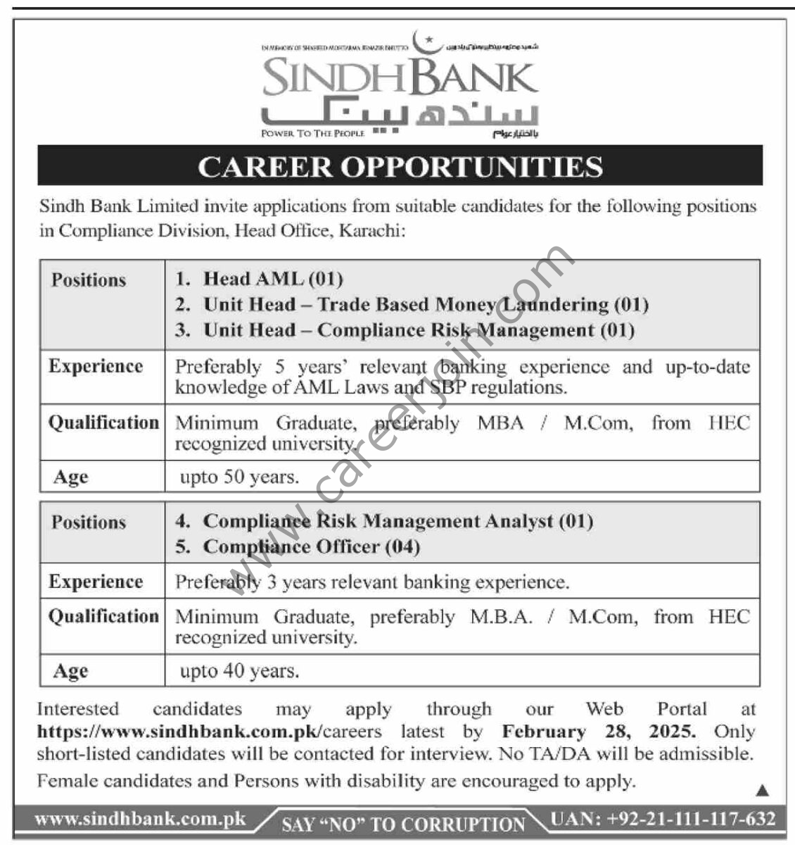 Sindh Bank Ltd Jobs 15 February 2025 Dawn 1