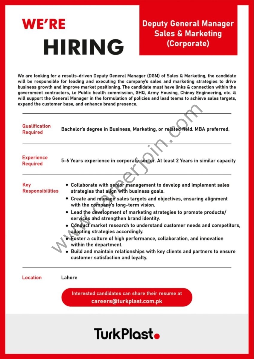 Turk Plast Pvt Ltd Jobs Deputy General Manager Sales & Marketing (Corporate) 1