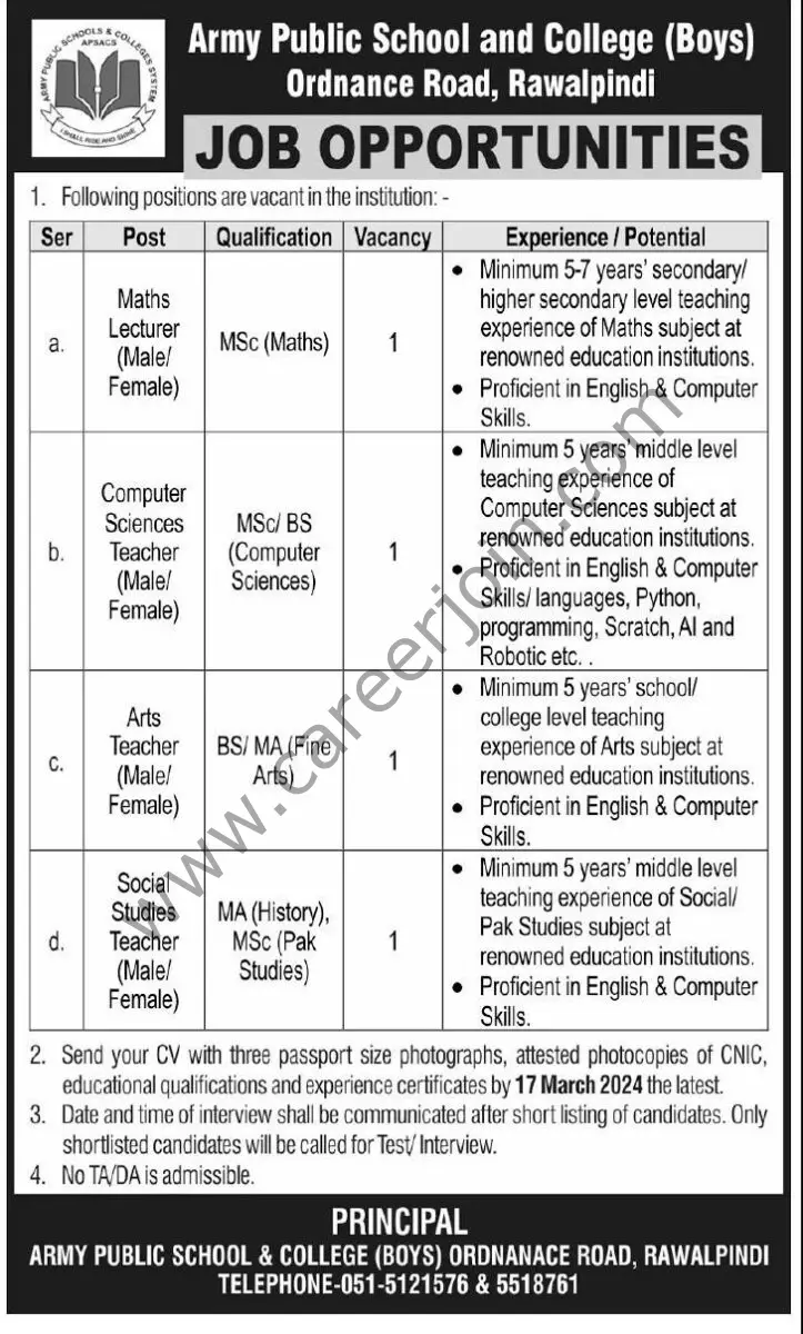 Army Public School & College Boys Ordnance Jobs 09 March 2025 Express Tribune 1