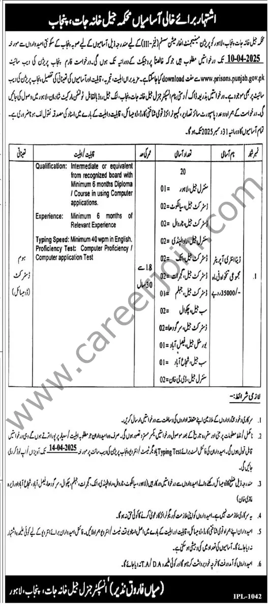 Department of Prison Punjab Jobs 20 March 2025 Express Tribune 1