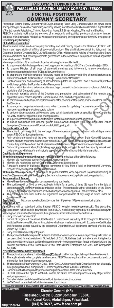 Faisalabad Electric Supply Co FESCO Jobs 11 March 2025 Express Tribune 1