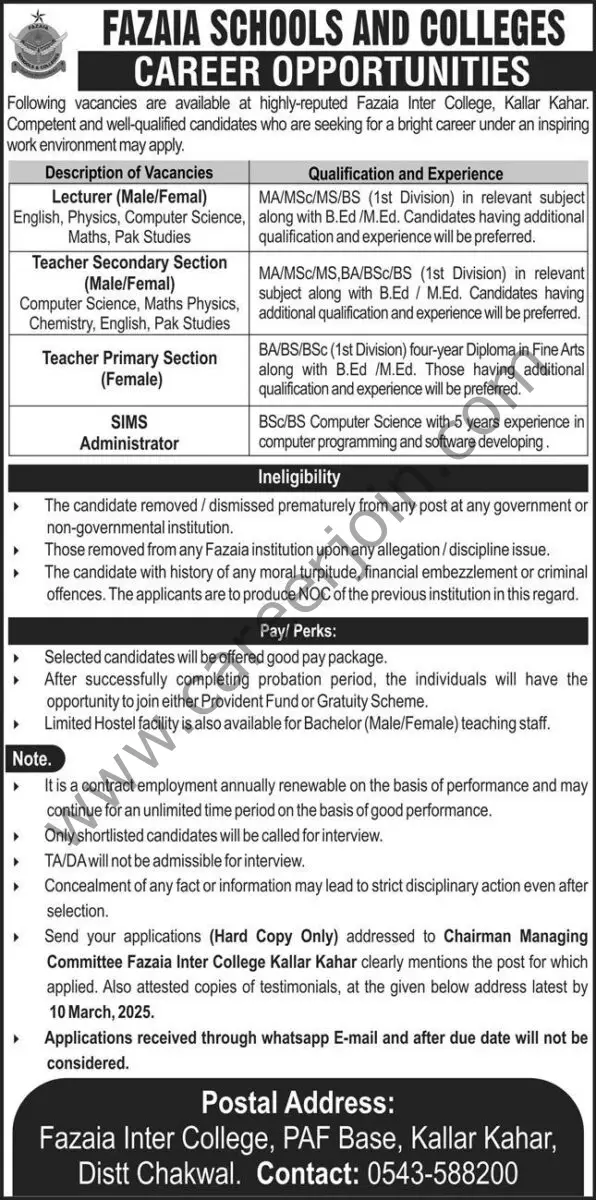 Fazaia Schools & Colleges Jobs 03 March 2025 Express 1