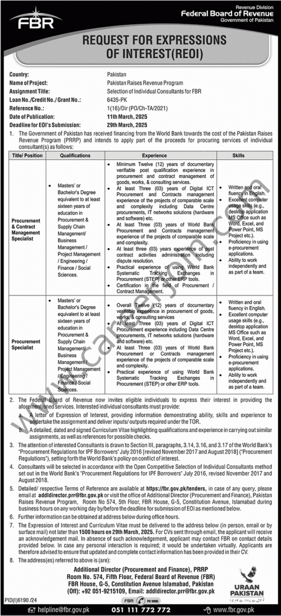 Federal Board of Revenue FBR Jobs 11 March 2025 Nawaiwaqt 1