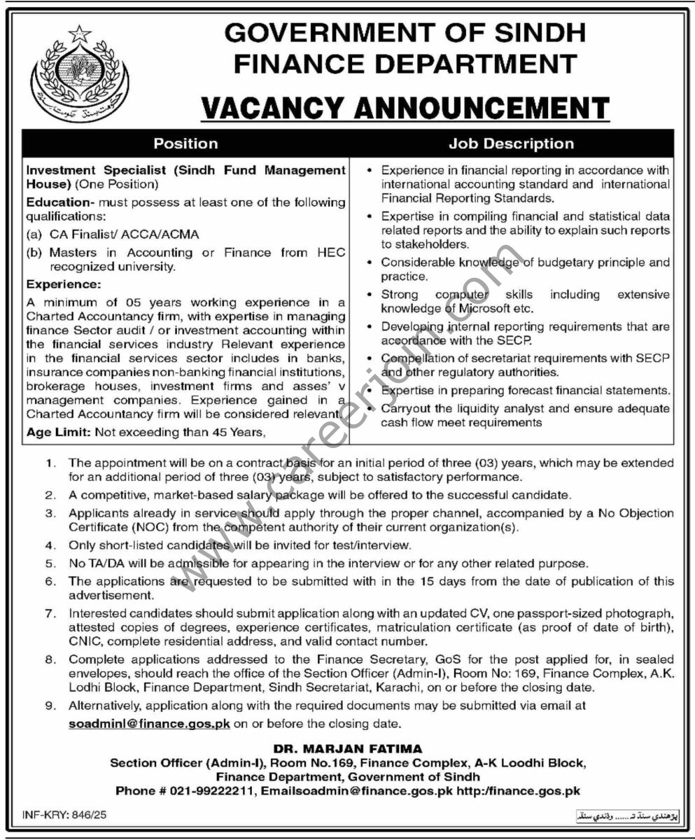 Finance Department Sindh Jobs 16 March 2025 Dawn 1