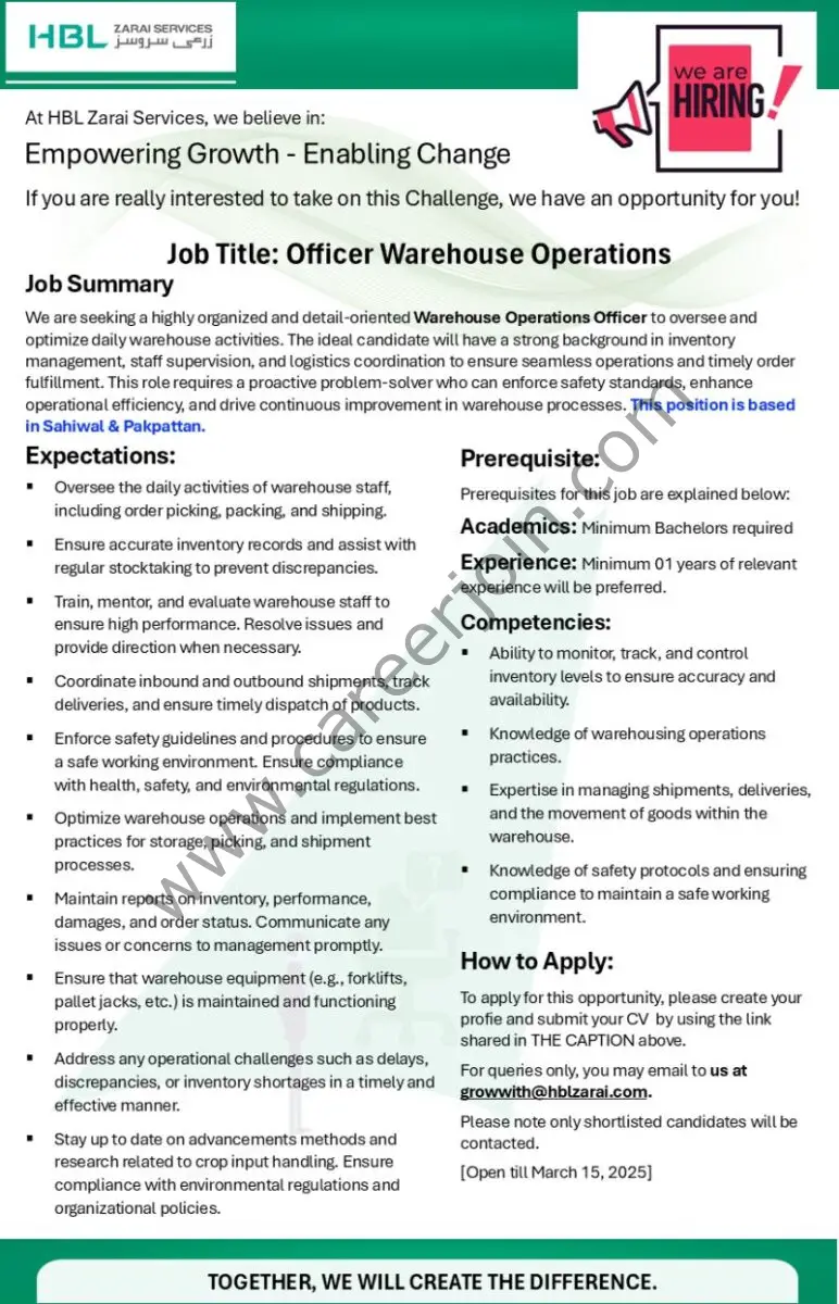 HBL Zarai Services Limited Jobs Officer Warehouse Operations 1