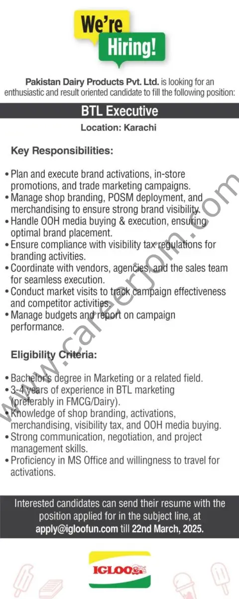 Pakistan Dairy Products Pvt Ltd Jobs BTL Executive 1