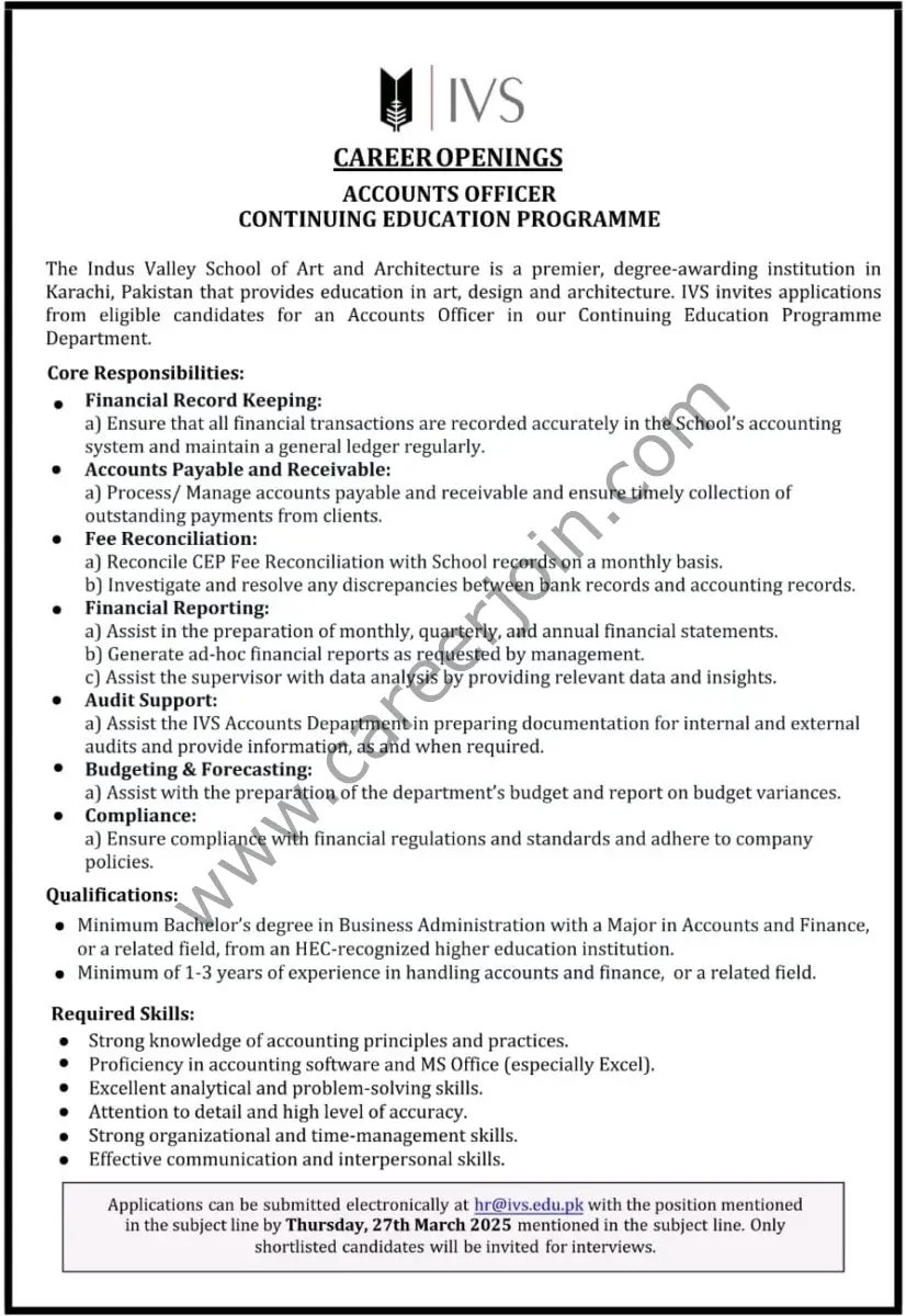 The Indus Valley School of Art and Architecture IVS Jobs Accounts Officer 1