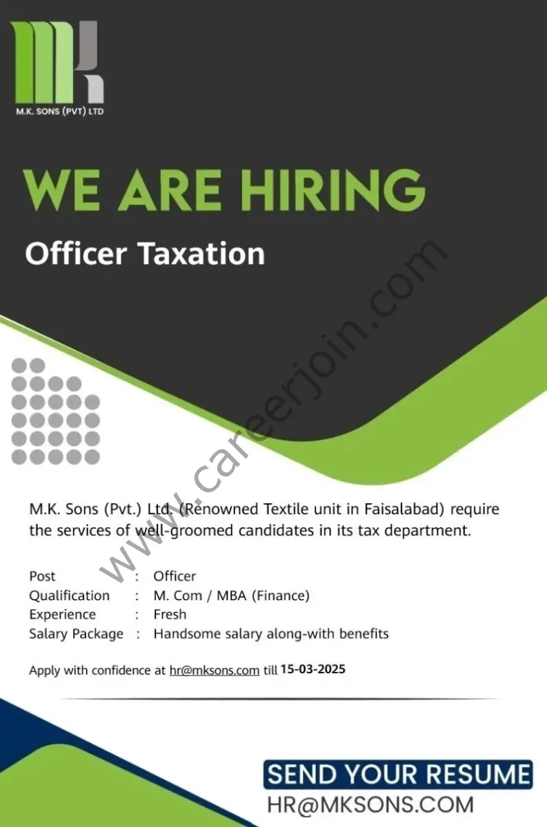  M.K Sons (Pvt) Ltd Jobs Officer Taxation 1