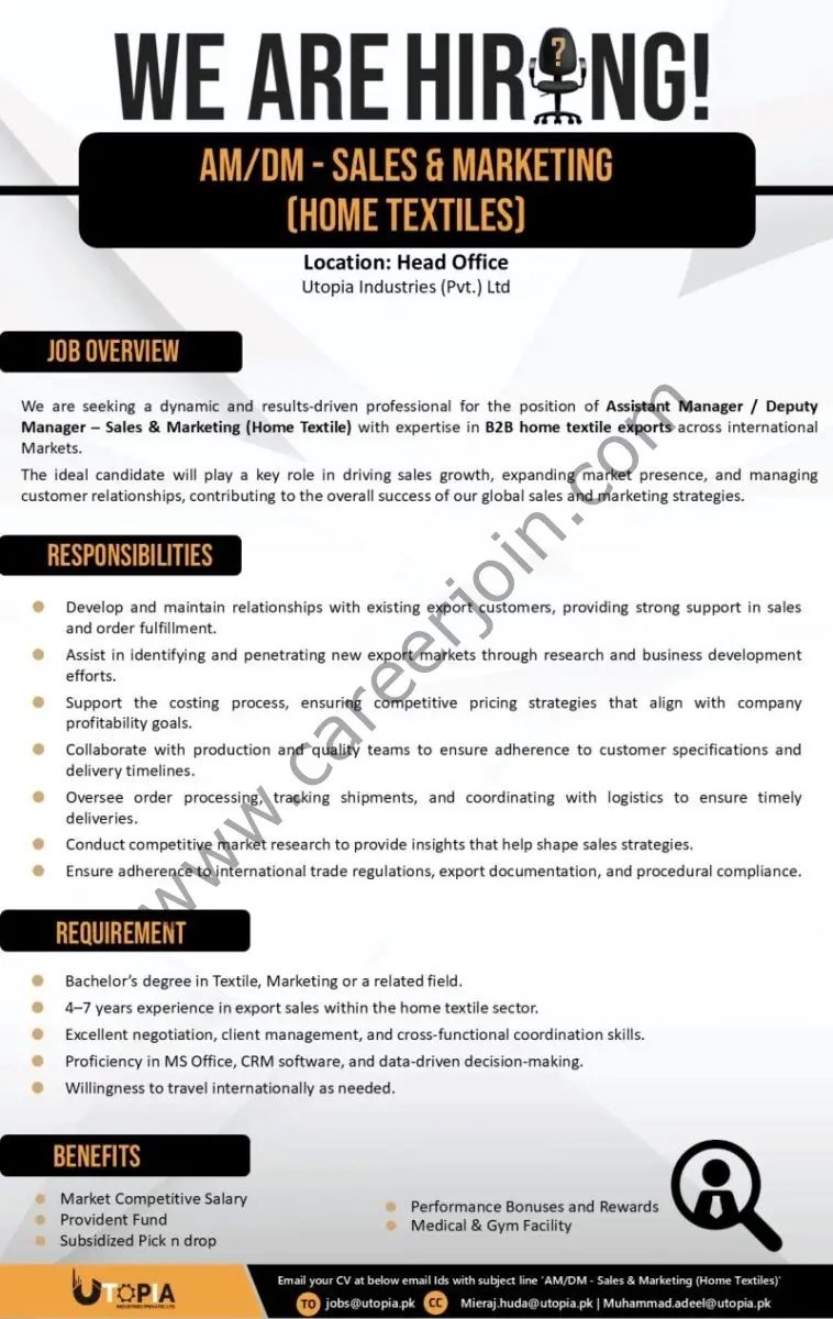 Utopia Industries Pvt Ltd Jobs Assistant / Deputy Manager Sales & Marketing 1